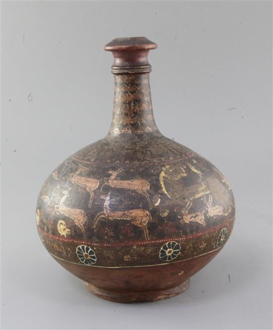 A 19th century Persian Qajar painted terracotta bottle vase, height 10.5in.